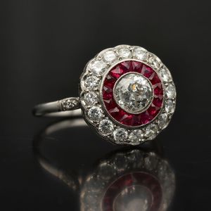 Platinum Old Cut Diamond and Ruby Halo Ring