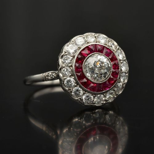 Platinum Old Cut Diamond and Ruby Halo Ring image-1