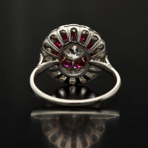 Platinum Old Cut Diamond and Ruby Halo Ring image-5