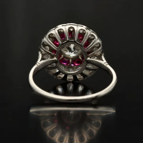 Platinum Old Cut Diamond and Ruby Halo Ring