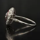Platinum Old Cut Diamond and Ruby Halo Ring