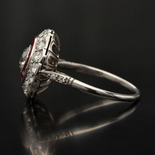 Platinum Old Cut Diamond and Ruby Halo Ring image-3
