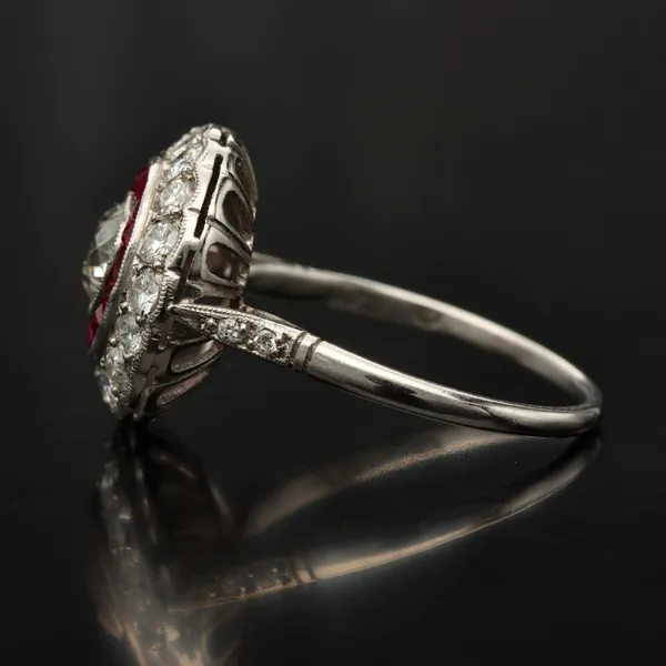 Platinum Old Cut Diamond and Ruby Halo Ring