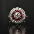 Platinum Old Cut Diamond and Ruby Halo Ring