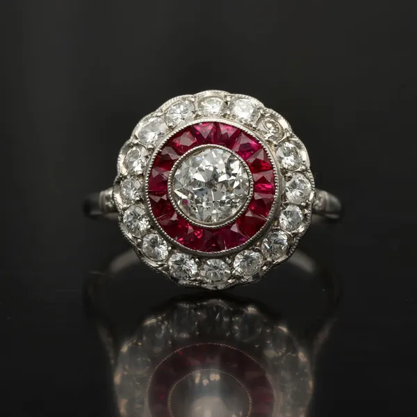 Platinum Old Cut Diamond and Ruby Halo Ring