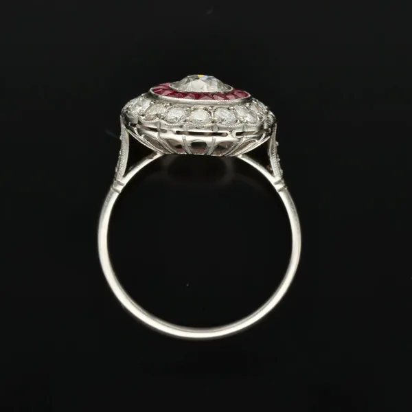 Platinum Old Cut Diamond and Ruby Halo Ring