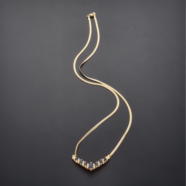 14ct Yellow Gold V-Shaped Necklace With Diamonds & Navette Sapphires