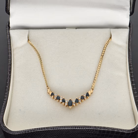 14ct Yellow Gold V-Shaped Necklace With Diamonds & Navette Sapphires