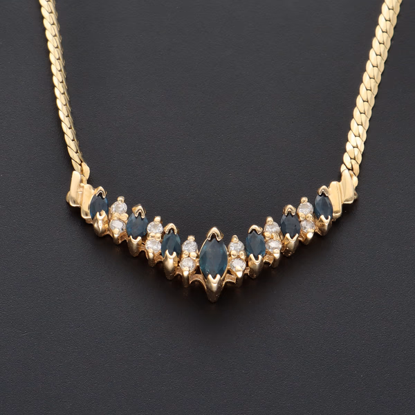 14ct Yellow Gold V-Shaped Necklace With Diamonds & Navette Sapphires
