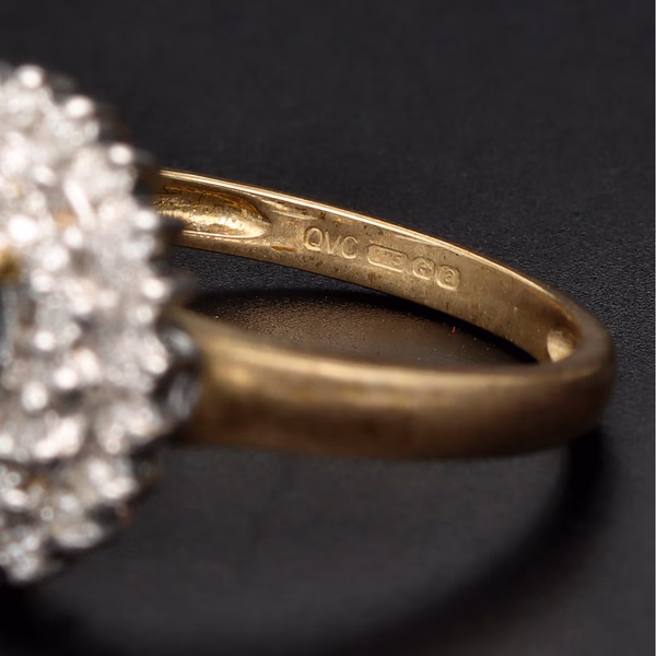 9ct Yellow Gold Oval Blue Gemstone & Diamond Double Halo Cluster Ring