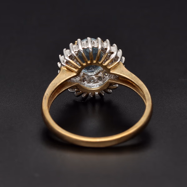 9ct Yellow Gold Oval Blue Gemstone & Diamond Double Halo Cluster Ring