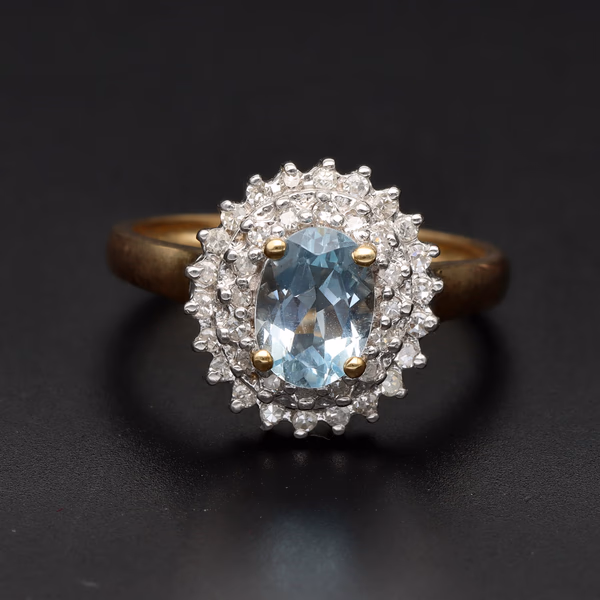 9ct Yellow Gold Oval Blue Gemstone & Diamond Double Halo Cluster Ring
