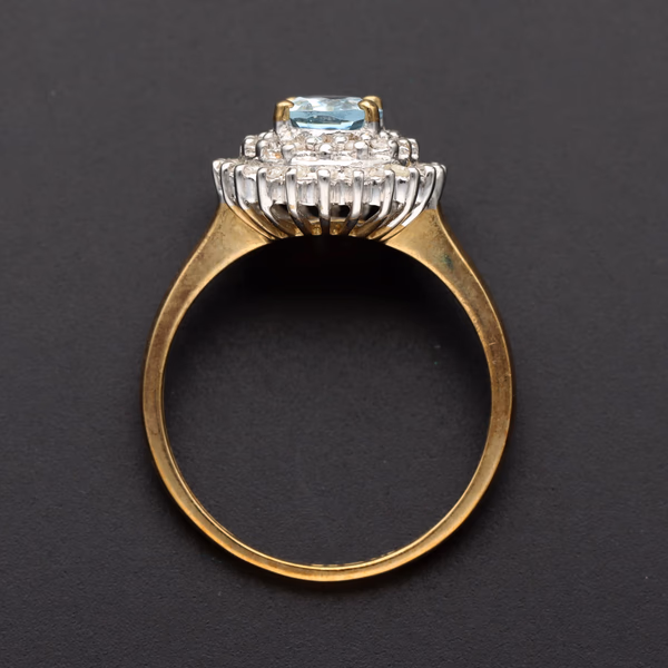 9ct Yellow Gold Oval Blue Gemstone & Diamond Double Halo Cluster Ring