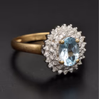 9ct Yellow Gold Oval Blue Gemstone & Diamond Double Halo Cluster Ring