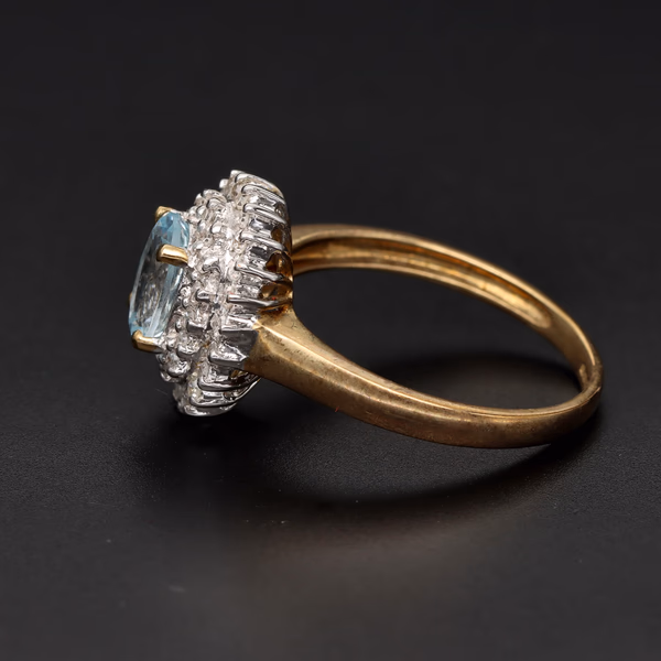 9ct Yellow Gold Oval Blue Gemstone & Diamond Double Halo Cluster Ring