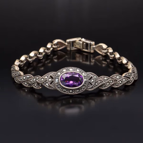 Silver Amethyst and Marcasite Bracelet