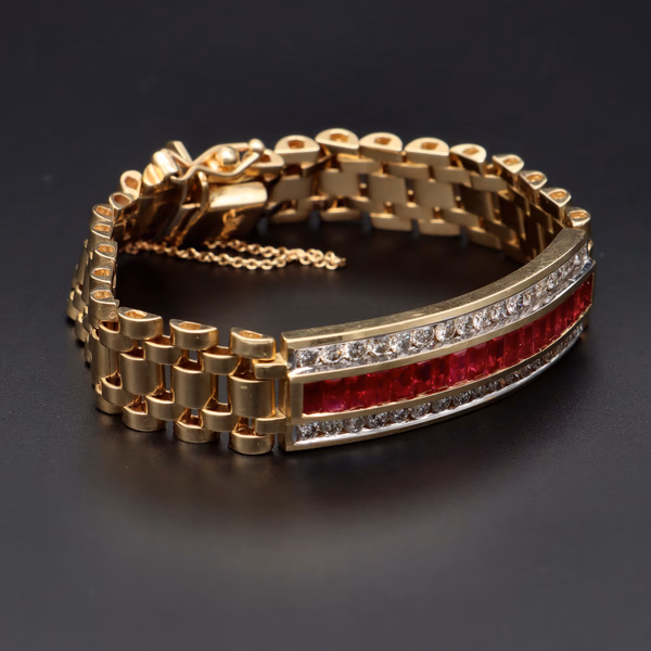 14ct Yellow Gold Diamond & Ruby Bracelet With Valuation & Spare Links