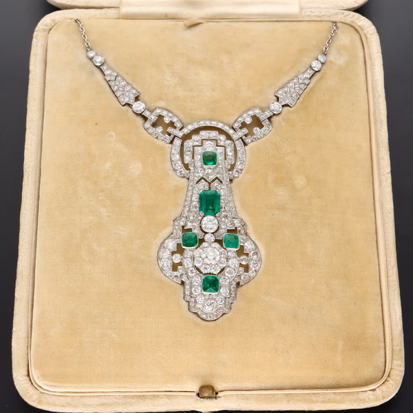 Ex-Marlene Dietrich Art Deco Platinum Emerald & Diamond Necklace