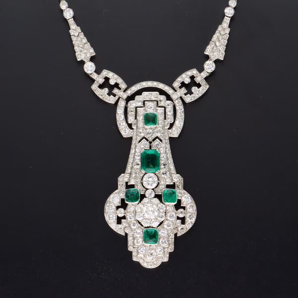 Ex-Marlene Dietrich Art Deco Platinum Emerald & Diamond Necklace
