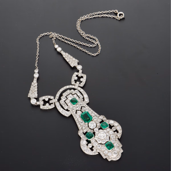 Ex-Marlene Dietrich Art Deco Platinum Emerald & Diamond Necklace