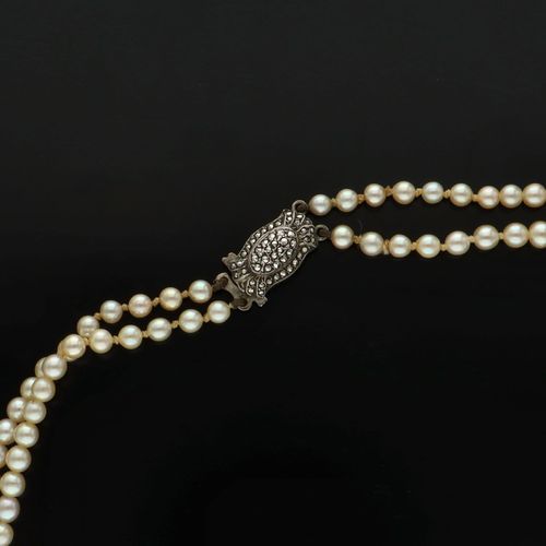 Vintage Silver Marcasite Clasp Double String Pearls image-4