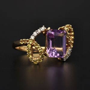 14ct Gold Amethyst - Diamond - Yellow Sapphire Dress Ring