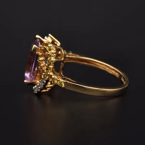 14ct Gold Amethyst - Diamond - Yellow Sapphire Dress Ring