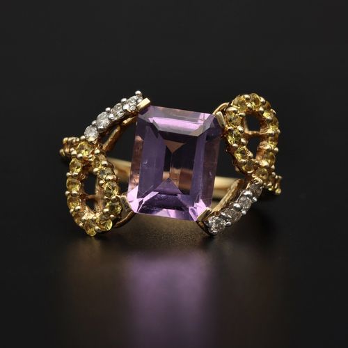 14ct Gold Amethyst - Diamond - Yellow Sapphire Dress Ring image-2