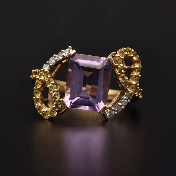 14ct Gold Amethyst - Diamond - Yellow Sapphire Dress Ring