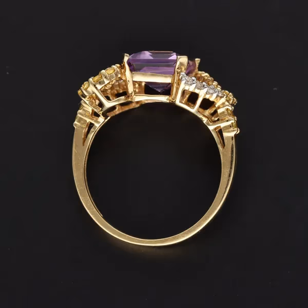 14ct Gold Amethyst - Diamond - Yellow Sapphire Dress Ring