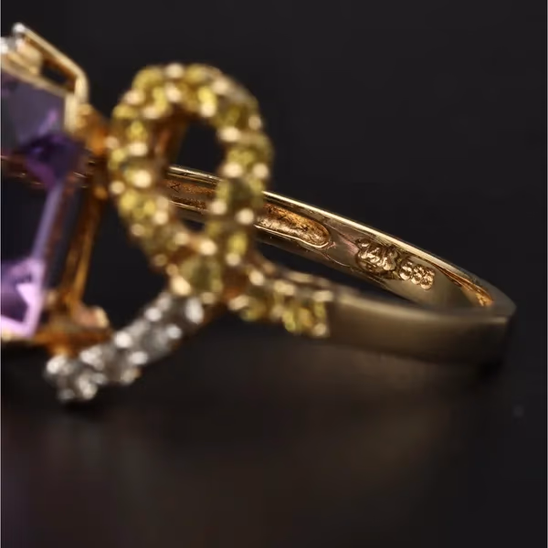14ct Gold Amethyst - Diamond - Yellow Sapphire Dress Ring
