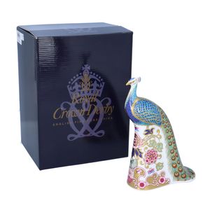 Boxed Royal Crown Derby Paperweight of a Peacock