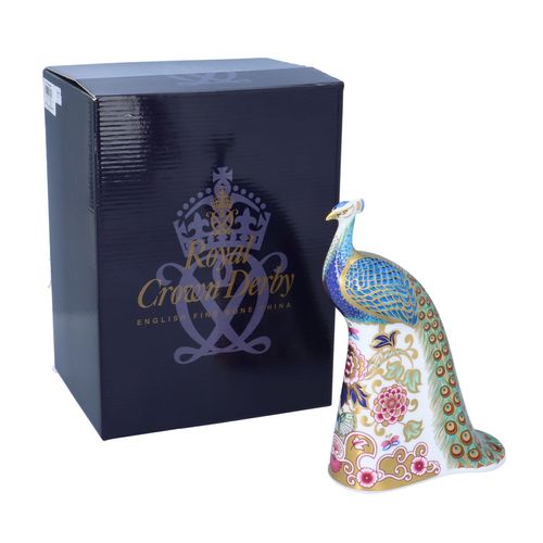 Boxed Royal Crown Derby Paperweight of a Peacock image-1