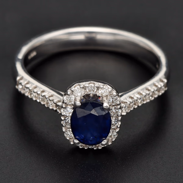 18ct White Gold Oval Sapphire & Diamond Halo Ring
