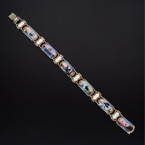 Vintage Norwegian Vermeil Sterling Silver & Hand Painted Enamel Bracelet