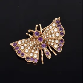 9ct Gold Amethyst and Seed Pearl Butterfly Brooch