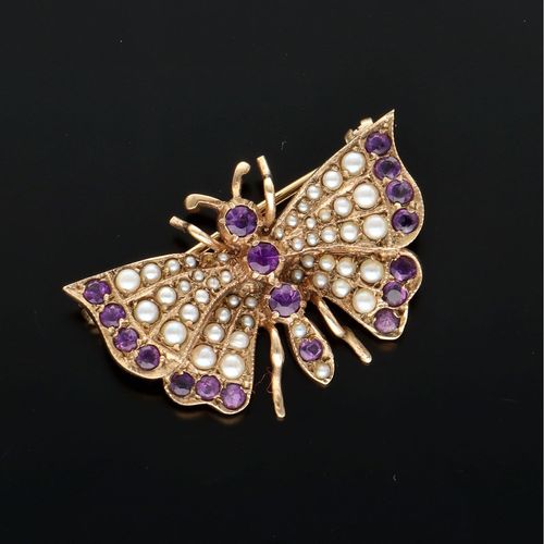 9ct Gold Amethyst and Seed Pearl Butterfly Brooch image-1