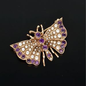 9ct Gold Amethyst and Seed Pearl Butterfly Brooch