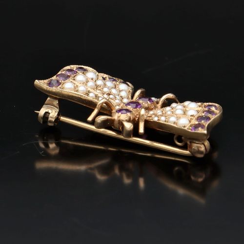 9ct Gold Amethyst and Seed Pearl Butterfly Brooch image-3