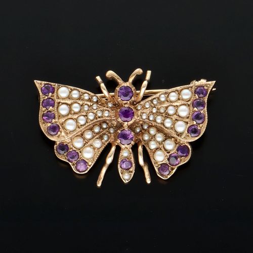 9ct Gold Amethyst and Seed Pearl Butterfly Brooch image-2