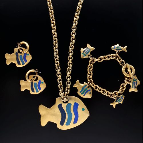 Rare Vintage Agatha Paris Fish Necklace, Earrings and Bracelet image-1