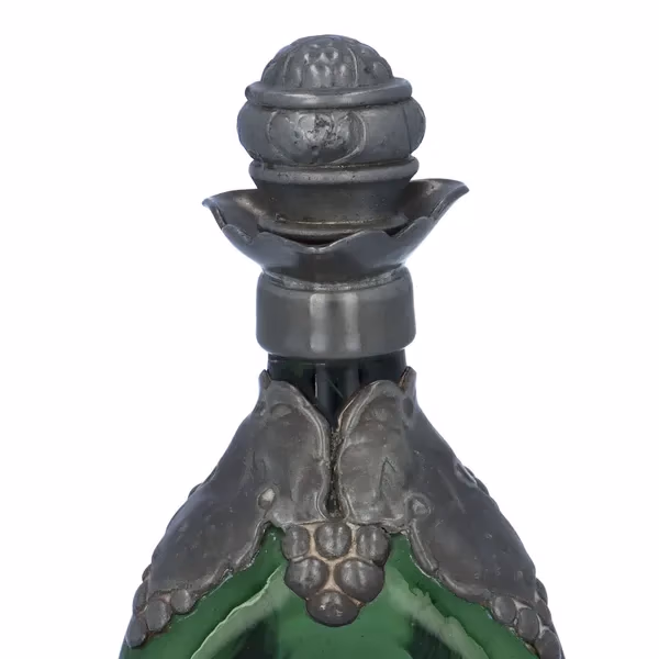 Art Nouveau Pewter Overlay Dimple Pattern Green Spirit Decanter
