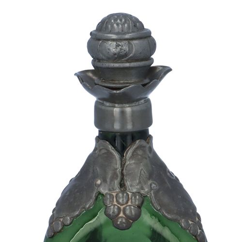 Art Nouveau Pewter Overlay Dimple Pattern Green Spirit Decanter image-2