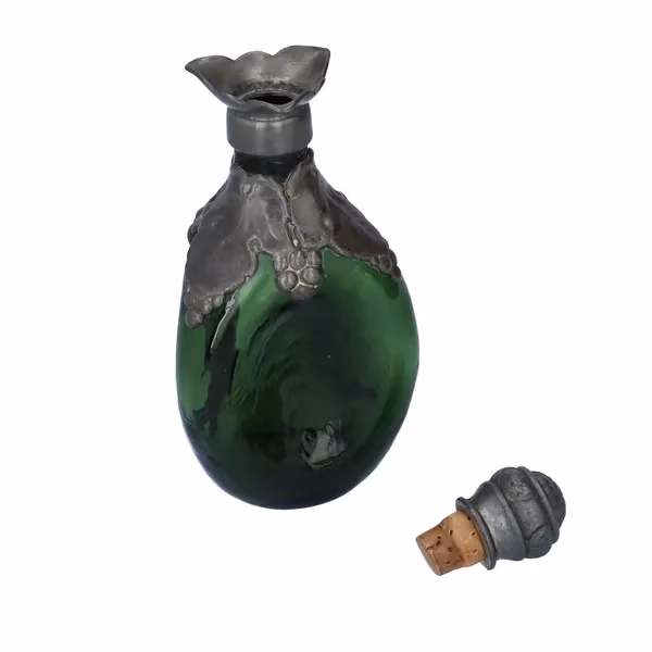 Art Nouveau Pewter Overlay Dimple Pattern Green Spirit Decanter