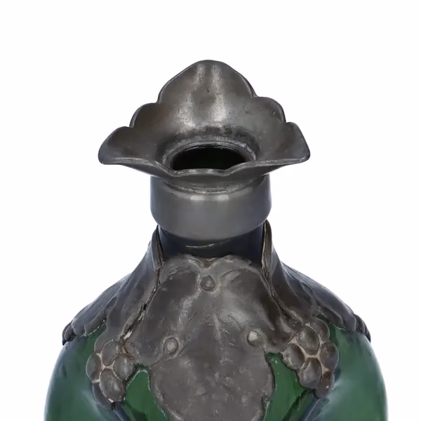 Art Nouveau Pewter Overlay Dimple Pattern Green Spirit Decanter