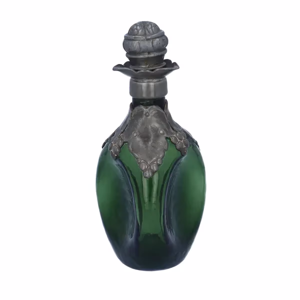 Art Nouveau Pewter Overlay Dimple Pattern Green Spirit Decanter