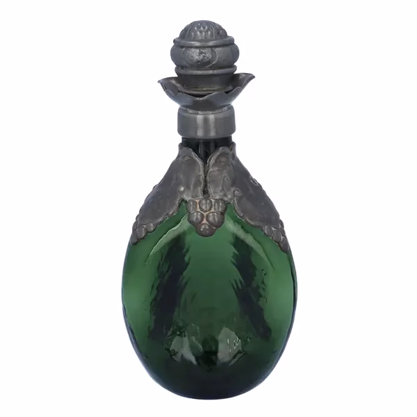 Art Nouveau Pewter Overlay Dimple Pattern Green Spirit Decanter