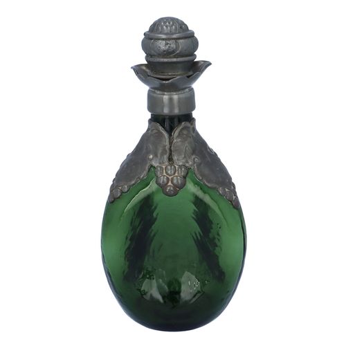 Art Nouveau Pewter Overlay Dimple Pattern Green Spirit Decanter image-1
