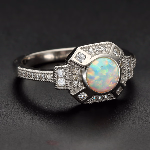 Silver 925 Cubic Zirconia and Opal Ring