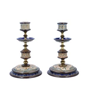 Pair of Doulton Lambeth Stoneware and Brass Candlesticks